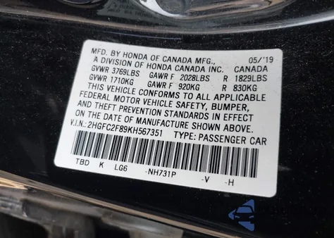 2019 Honda Civic Sport from USA, damaged, VIN 2HGFC2F89KH567351